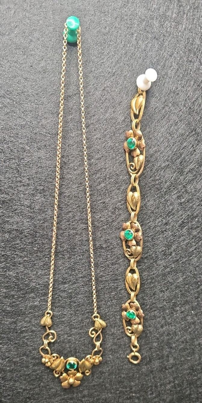 Vintage Carl Art 12K Gold Filled Demi Parure Set Necklace Bracelet Green Stone